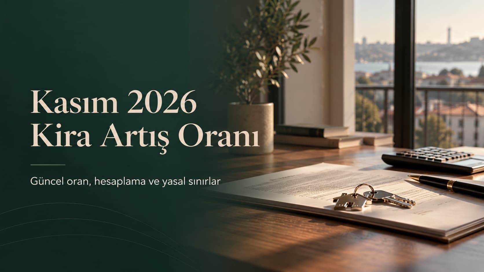 Kasım 2026 Kira Artış Oranı yazılı kapak: masada kira sözleşmesi, ev anahtarları ve hesap makinesi